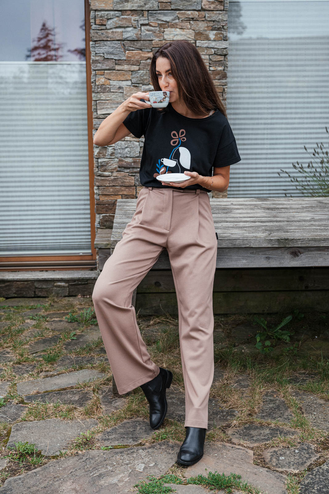 tri�ko s potiskem But first coffee black